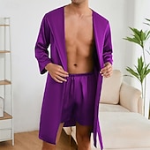 cheap Men&#039;s Robes-Men&#039;s Pajamas Silk Robe Sleepwear Pajama Set 1 set Plain Fashion Stylish Classic Home Daily Bed Polyester Comfort Soft Hoodie Long Sleeve Belt Included Summer Spring Lake Blue Champagne