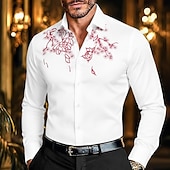 Férfi Ing Gombos póló Hímzett ing Virágos Előírásos Esküvő Fekete Fehér Hosszú ujj Hajtóka Nyár Tavasz Ruházat Hímzett olcso Férfi ingek-Férfi Ing Gombos póló Hímzett ing Virágos Előírásos Esküvő Fekete Fehér Hosszú ujj Hajtóka Nyár Tavasz Ruházat Hímzett