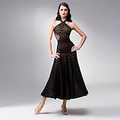 olcso Versenyruha-női társastánc latin tánc ruha leopárdmintás pántnélküli hát nélküli tangó rumba versenyruha elegáns lenge szoknya – feketebarna