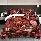 baratos Conjuntos de capa de edredão-Conjunto de capa de edredom de 3 peças com estampa de vaca das terras altas e flores fofas para cama grande, capa de edredom curta e macia com 2 fronhas – roupa de cama para quarto de hotel,
