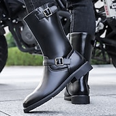 olcso Motoros csizma-Fekete műbőr férfi motoros csizma csattal – tartós és stílusos lábbeli motoros rajongóknak és karácsonyi kalandokhoz