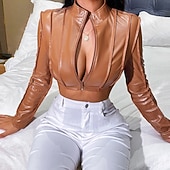 preiswerte Kunstlederjacken-Damen Kunstlederjacke Wintermantel Warm Bequem Reißverschluss Tasche Mode Lässig Einfarbig Urlaub Straße Lässig Alltagskleidung Kurz Stehkragen Normale Passform Langarm Oberbekleidung Schwarz Wei