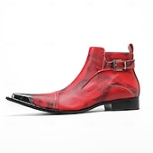 cheap Men&#039;s Christmas Shoes-Men&#039;s Red Leather Boots with Buckle Detail and Pointed Toe – Perfect for Christmas Gatherings and Festive Events