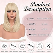 Недорогие Парик из искусственных волос без шапочки-основы-Парики из светлых волос боб с челкой, длиной до плеч, прямые, естественно выглядящие, синтетические, термостойкие, средние, для женщин, на каждый день, для вечеринок, 16 дюймов, платиновый блонд