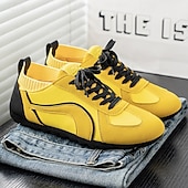 baratos Tênis Casuais-Tênis casual masculino amarelo e preto com design de malha respirável, calçado leve e antiderrapante para caminhadas ao ar livre, viagens e estilo cotidiano