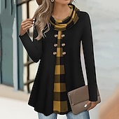 tanie Paski i geometryczne bluzy z kapturem-Damskie Bluzka Guziki Kratka Elegancja Codzienny Elegancki Długi rękaw Wysoki Długie topy Codzienny Święto Wyjściowe Niebieski Biały Czerwony Zielony Khaki Wiosna Jesień