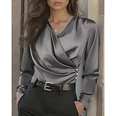  Női Ing elegáns Elegáns Szatén felső Fodrozott Gombok Ráncolt Tömör szín Sima Elegáns Szüret hölgyek Hosszú ujj V-alakú Normál felsők Napi Munka Szabadság Fekete Fehér Szürke Ősz Tél