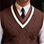 halpa miesten villapaita-Miesten Neulepusero Neulottu villapaita Joustin Kaapeli Neuloa Tavalliset topit Kudottu Tavallinen V kaula-aukko Pidä Lämmin Moderni nykyaikainen Loma Katu Vaatetus Hihaton Syksy Talvi Beesi Kahvi M