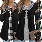 tanie Paski i geometryczne bluzy z kapturem-Damskie Bluzka Guziki Kratka Elegancja Codzienny Elegancki Długi rękaw Wysoki Długie topy Codzienny Święto Wyjściowe Niebieski Biały Czerwony Zielony Khaki Wiosna Jesień