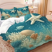 preiswerte Bettbezug-Sets-Unterwasserwelt Seestern &amp;3-teiliges Daunenbettbezug-Set mit Oktopus-Motiv für Queensize-Betten, weicher Bettbezug mit 2 Kissenbezügen – Hotel &amp;Gästezimmerbettwäsche, gemütlich &amp; komfortabel