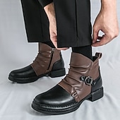 baratos Botas de trabalho-Botas masculinas de couro sintético bicolor, pretas e marrons, com tira de fivela lateral e design de gáspea dobrada, botas vintage feitas à mão para amantes da moda retrô