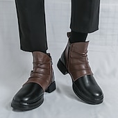baratos Botas de trabalho-Botas masculinas de couro sintético bicolor, pretas e marrons, com tira de fivela lateral e design de gáspea dobrada, botas vintage feitas à mão para amantes da moda retrô