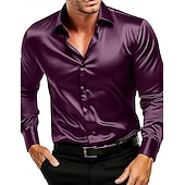 お買い得  メンズサテンシャツ-男性用 シャツ サテンシャツ カジュアルシャツ ボタンアップシャツ 平織り 日常 バケーション ブラック ホワイト ワイン ネイビーブルー 長袖 ラペル 春 &amp; 秋 衣類
