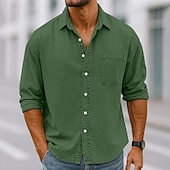 baratos camisa de botão masculina-Homens Camisa Social Camisa casual camisa vintage camisa de botão Vinho Azul Marinha Manga Longa Tecido Lapela Casual Streetwear Bolsos Roupa Algodão Elastano Vintage Moda Retro Vintage