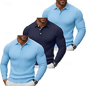 olcso Férfi Klasszikus Polo-3 db-os férfi bordás kötésű felső golf pólóing többes csomag utcai lezser hajtókás hosszú ujjú alapvető modern egyszínű gombos tavasz ősz minden évszak karcsúsított bordás kötésű felső
