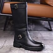 abordables Bottes d&#039;équitation-Bottes d&#039;équitation montantes en similicuir marron pour homme avec sangle à boucle, bottes hautes équestres vintage pour la mode et les costumes