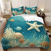 preiswerte Bettbezug-Sets-Unterwasserwelt Seestern &amp;3-teiliges Daunenbettbezug-Set mit Oktopus-Motiv für Queensize-Betten, weicher Bettbezug mit 2 Kissenbezügen – Hotel &amp;Gästezimmerbettwäsche, gemütlich &amp; komfortabel