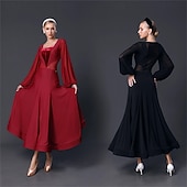 economico Abbigliamento da Competizione-abito da ballo da sala da donna in chiffon nero a maniche lunghe, elegante abito da competizione per valzer, tango, foxtrot
