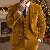  Men's Wedding Party Velvet Suits Peaked Lapel Yellow Burgundy Formal Solid Colored Tailored Fit 3 Piece Single Breasted One-button