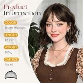 levne Syntetické trendy paruky-Krátká vlnitá paruka s hnědým melírem - 30 cm bob paruka s ofinou pro ženy, kudrnatá bob paruka po ramena s ofinou, měkké syntetické vlasy, paruky pro dívky, denní nošení, párty