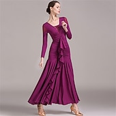 preiswerte Standard-Tanzsaal-grünes Gesellschaftstanzkleid mit langen Ärmeln, gerüschten Details und Rüschenrock für eleganten Latein &amp;Ballsaalaufführung