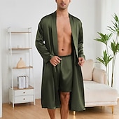 preiswerte Morgenröcke-Herren Schlafanzug Seidenrobe Nachtwäsche Schlafanzug Set Einfach Mode Stilvoll Klassisch Heim Täglich Bett Polyester Komfort Weich V Ausschnitt Langarm Frühling Herbst Champagner Wein