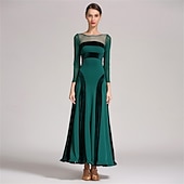 economico Sala da Ballo Standard-abito da ballo da sala con maniche trasparenti per donna - abito a trapezio con maniche lunghe e dettagli in velluto per competizioni, eventi di ballo latino e danza - nero