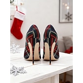abordables Bombas Clásicas-Tacones altos de aguja a cuadros para mujer, zapatos clásicos de punta puntiaguda a cuadros para fiestas navideñas y conjuntos festivos. &amp;celebraciones de invierno