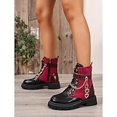 Недорогие Женские ботинки-Модные армейские ботинки на массивном каблуке с цепочкой в форме сердца – бордовые и черные