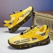 abordables Chaussures de Course pour Hommes-Baskets jaunes de style urbain pour hommes avec semelle à coussin d'air et tige en mesh, chaussures de sport légères et tendance pour la course, la salle de sport et les vêtements décontractés