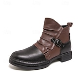 baratos Botas de trabalho-Botas masculinas de couro sintético bicolor, pretas e marrons, com tira de fivela lateral e design de gáspea dobrada, botas vintage feitas à mão para amantes da moda retrô