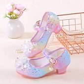 זול נעלי נסיכה לילדים-נעלי מרי ג'יין נוצצות לבנות עם פפיון ופנינים - צבעי הקשת בענן, עקב נוח