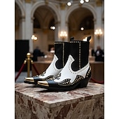 ゴールドのスタッズとメタルトゥが付いたレディースのブラックレザーウエスタンアンクルブーツ - ファッションストリートウェアやパーティーに最適なカウボーイスタイルのチャンキーヒールブーツ お買い得  チェルシーブーツ-ゴールドのスタッズとメタルトゥが付いたレディースのブラックレザーウエスタンアンクルブーツ - ファッションストリートウェアやパーティーに最適なカウボーイスタイルのチャンキーヒールブーツ