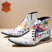 abordables Botas de cuero de primera calidad-Botines de piel con efecto salpicado de pintura blanca para hombre, con cordones en la parte delantera y punta puntiaguda, botas artísticas de piel de vaca de moda para escenarios, clubes y fiestas.