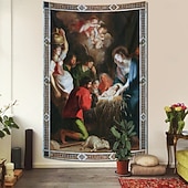 billiga jul gobeläng hängande-Jul hängande gobeläng krubba oljemålning stil födelse stor väggkonst mural dekoration filt gardin semester hem sovrum vardagsrum firande dekoration för semester hem dekoration