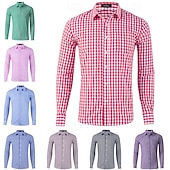 cheap Men's Dress Shirts-Men's Shirt Dress Shirt Casual Shirt Plaid Shirt Button Up Shirt Red Long Sleeve Checkered Lapel Daily Business Clothing Apparel Cotton Blend Fashion Smart Casual