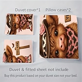 baratos Conjuntos de capa de edredão-Conjunto de capa de edredom de 3 peças com estampa de vaca das terras altas e flores fofas para cama grande, capa de edredom curta e macia com 2 fronhas – roupa de cama para quarto de hotel,