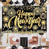 cheap New Year-New Years Eve Party Black and Gold Decorations Sequin Backdrop – Glitter Black Gold Fabric Banner for 2026 Happy New Year Party, Photo Booth &amp; Holiday Celebration Decor