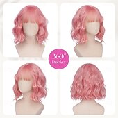 billige Syntetiske trendy parykker-Kort, bølget, rosa parykk - 12 tommers bobparykk med lugg for kvinner, krøllete, skulderlang, bobparykk med lugg, mykt syntetisk hår, parykker for jenter, daglig bruk til kostymefester