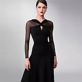 economico Abbigliamento da Competizione-abito da ballo da sala da donna blu navy elegante a maniche lunghe in rete con scollo incrociato, abito da competizione per valzer, foxtrot e tango