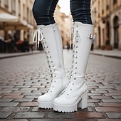 voordelige Platformlaarzen-Zwarte platform veterschoenen voor dames tot aan de knie met dikke hakken en gespdetail – gothic of punkstijl voor herfst en winter