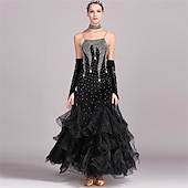 economico Abbigliamento da Competizione-abito da ballo da sala da donna, verde smeraldo, in organza di velluto a rete con strass, a strati, per tango, valzer, foxtrot, competizione