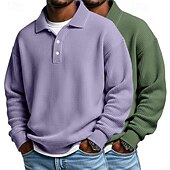 voordelige Klassieke polo voor heren-2 stuks heren wafel poloshirts golf shirt formeel zakelijk klassiek lange mouwen mode effen kleur 2 stuks multi-pack herfst lente &amp;herfst regular fit wit paars blauw wafel poloshirts