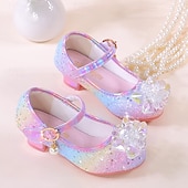 זול נעלי נסיכה לילדים-נעלי מרי ג'יין נוצצות לבנות עם פפיון ופנינים - צבעי הקשת בענן, עקב נוח