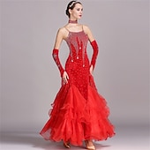 economico Abbigliamento da Competizione-abito da ballo da sala da donna, verde smeraldo, in organza di velluto a rete con strass, a strati, per tango, valzer, foxtrot, competizione