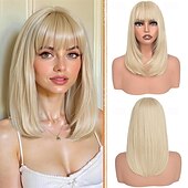 Недорогие Парик из искусственных волос без шапочки-основы-Парики из светлых волос боб с челкой, длиной до плеч, прямые, естественно выглядящие, синтетические, термостойкие, средние, для женщин, на каждый день, для вечеринок, 16 дюймов, платиновый блонд