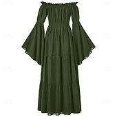 abordables Vestidos-Retro Antiguo Medieval Renacimiento Vestidos Vikingo élfico Color sólido Disfraz Mujer Celta Fantasía Real Víspera de Todos los Santos Carnaval Mascarada LARP Adulto Vestido
