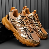economico Sneakers Casual-Sneakers da uomo color oro metallizzato con suola spessa e finitura riflettente, scarpe da corsa alla moda con lacci per abbigliamento streetwear, da festa e casual