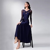 economico Abbigliamento da Competizione-abito da ballo da sala da donna blu navy elegante a maniche lunghe in rete con scollo incrociato, abito da competizione per valzer, foxtrot e tango
