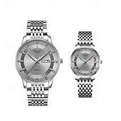 ieftine Ceasuri Quartz-Două ceasuri noi și la modă cu cuarț pentru cupluri - carcasă din oțel inoxidabil, rezistență la apă IPX7, calendar dublu luminescent, dată și afișaj duminică/luni, curea din aliaj - cadou ideal